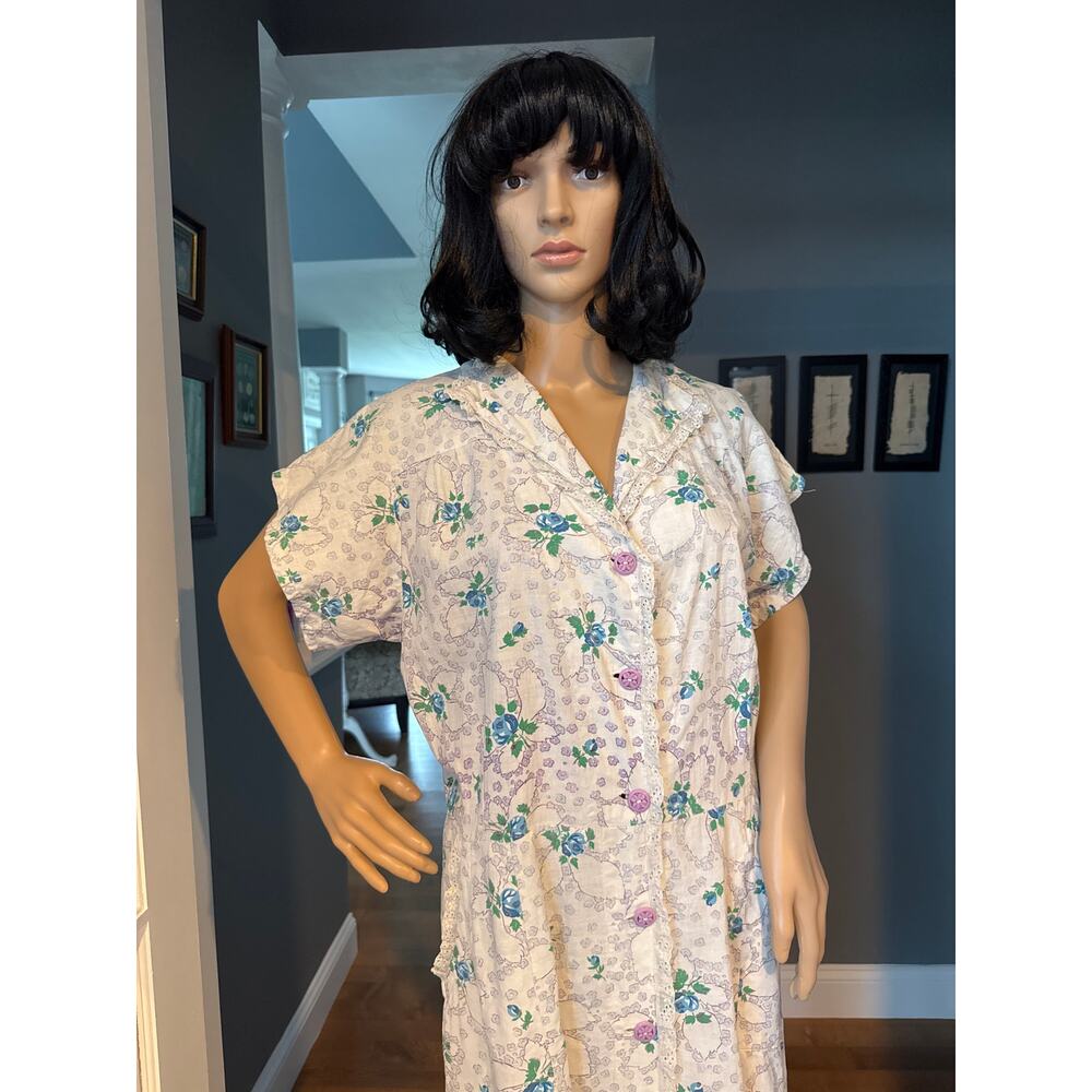 1950s Handmade Floral Day Dress Blue Rose Eyelet Trim Medium - Picture 12 of 16